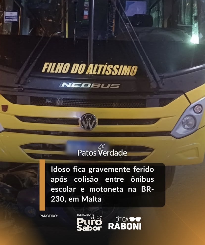 Idoso fica gravemente ferido após colisão entre ônibus escolar e motoneta na BR-230, em Malta