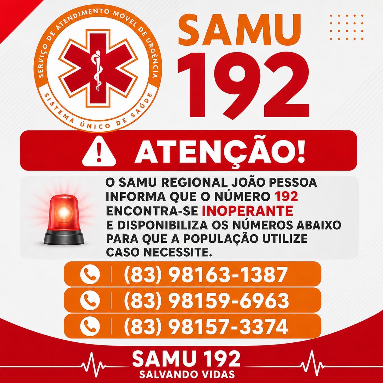 🚨 SAMU APRESENTA INSTABILIDADE NO NÚMERO 192 E DIVULGA CONTATOS ALTERNATIVOS PARA ATENDIMENTO