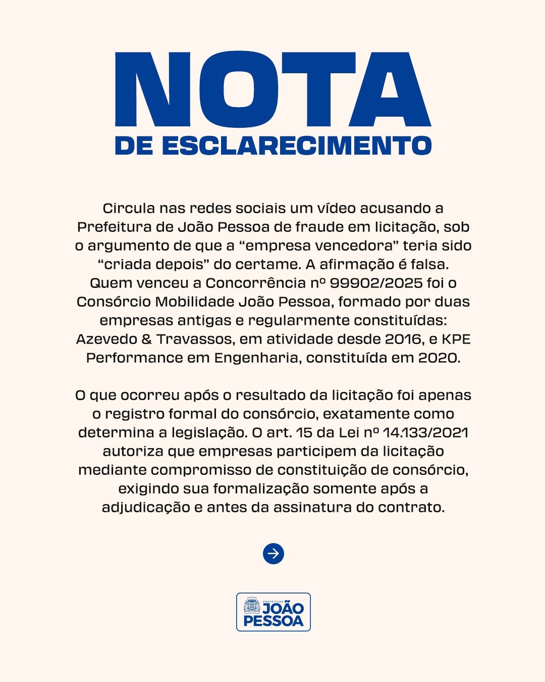 Circula nas redes sociais um vídeo acusando a Prefeitura de João Pessoa de fraude em licitação, sob o argumento de que a “empresa vencedora” teria sido “criada depois” do certame