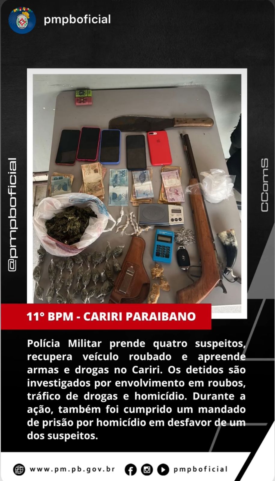 POLÍCIA MILITAR PRENDE QUATRO SUSPEITOS, RECUPERA VEÍCULO ROUBADO E APREENDE ARMAS E DROGAS NO CARIRI PARAIBANO