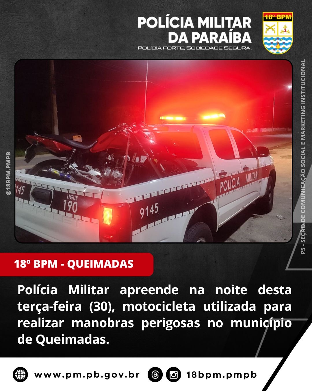 18º BPM APREENDE MOTOCICLETA UTILIZADA EM MANOBRAS PERIGOSAS EM QUEIMADAS
