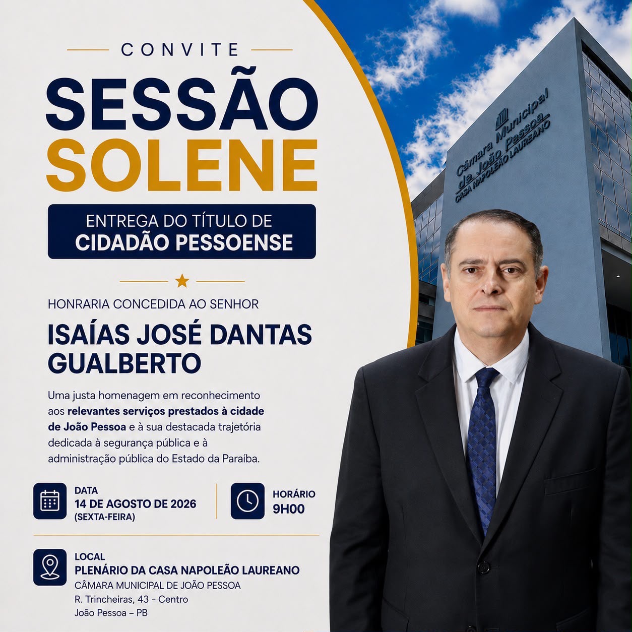 Trajetória de dedicação à segurança pública rende a Isaías Gualberto o Título de Cidadão Pessoense