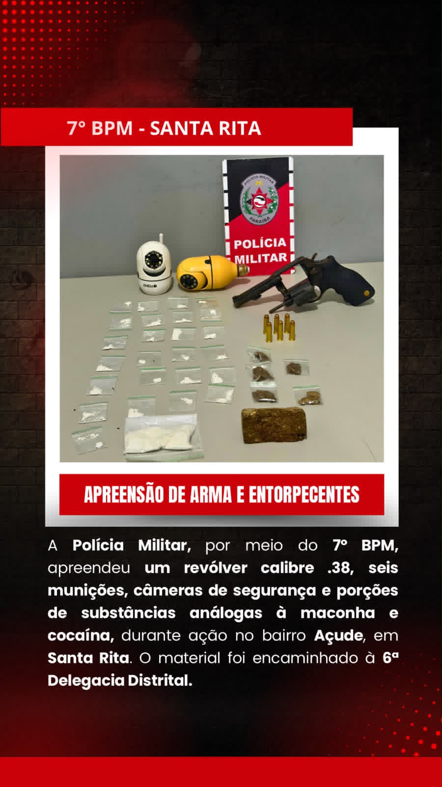 🚨 POLÍCIA MILITAR APREENDE ARMA DE FOGO, MUNIÇÕES E ENTORPECENTES NO BAIRRO AÇUDE, EM SANTA RITA 🚨