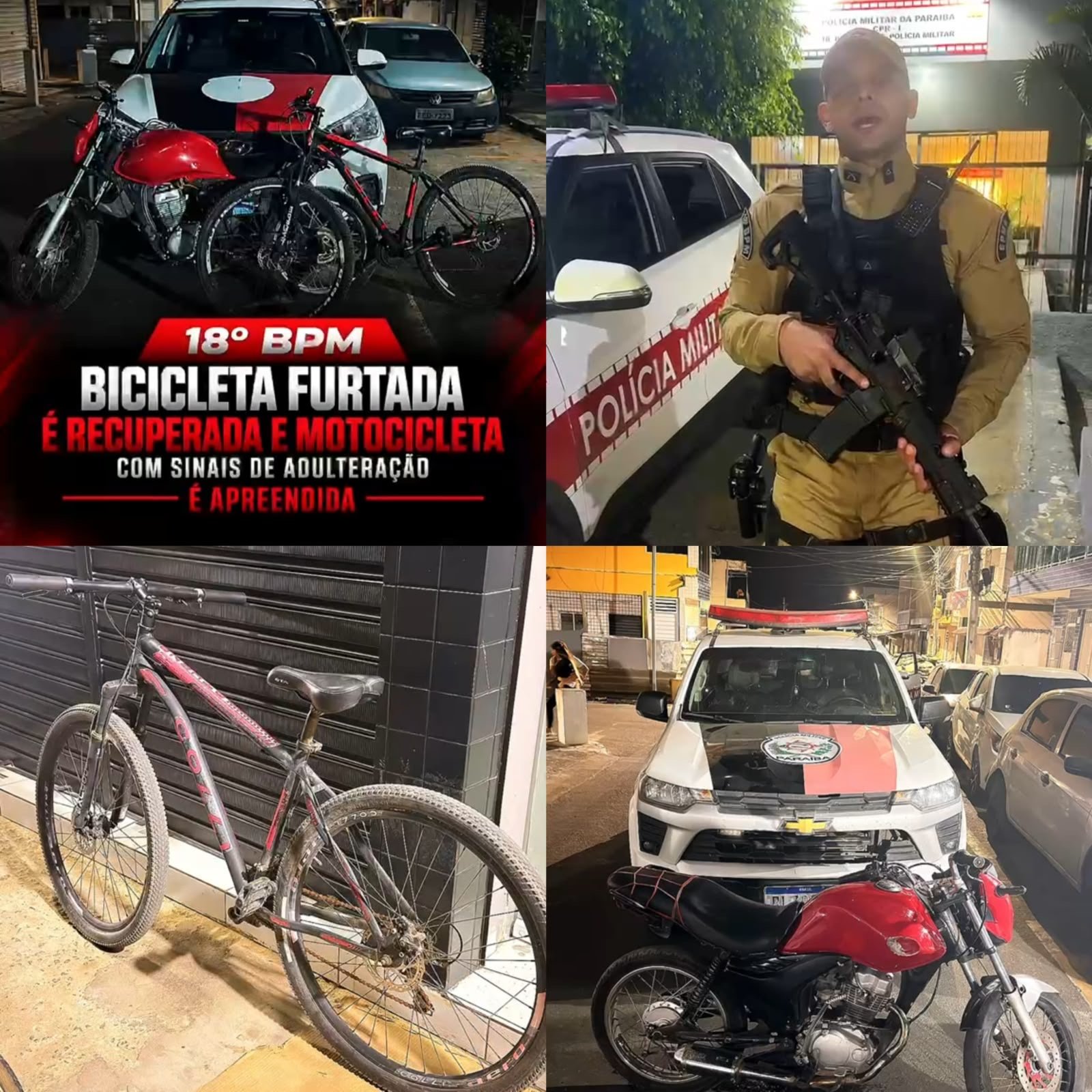 🚨 18º BPM RECUPERA BICICLETA FURTADA E APREENDE MOTOCICLETA COM SINAIS DE ADULTERAÇÃO EM QUEIMADAS