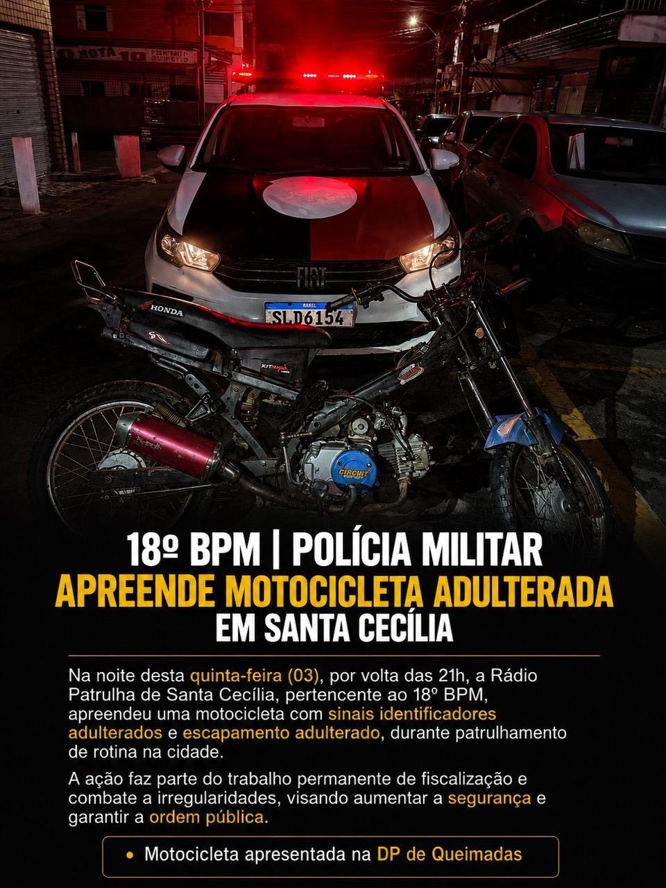 🚨 18º BPM | POLÍCIA MILITAR APREENDE MOTOCICLETA COM ADULTERAÇÃO NOS SINAIS IDENTIFICADORES EM SANTA CECÍLIA/PB