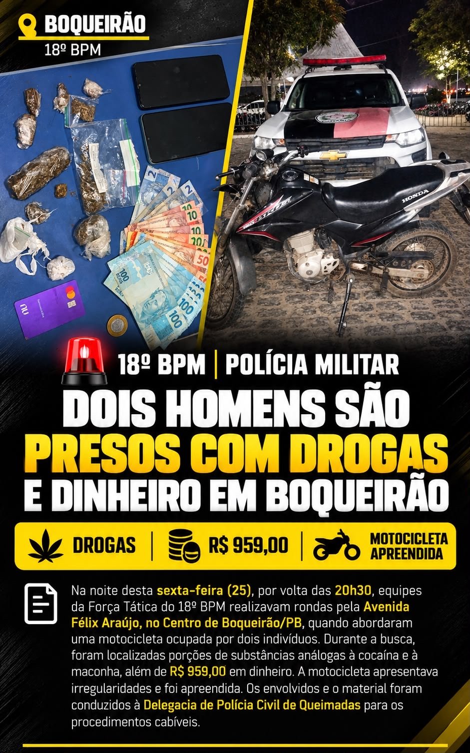18º BPM | DOIS HOMENS SÃO PRESOS COM DROGAS E DINHEIRO DURANTE ABORDAGEM EM BOQUEIRÃO