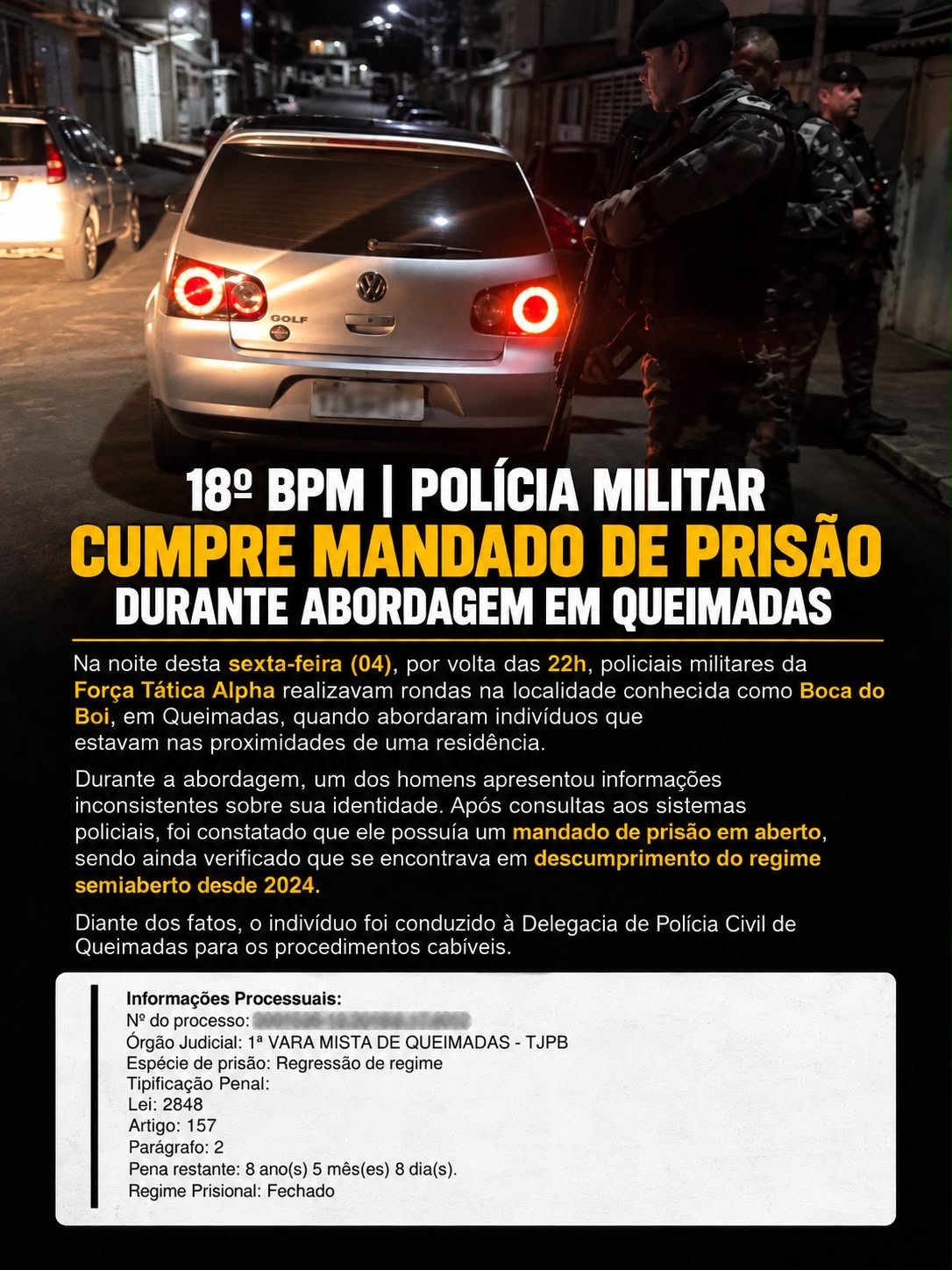 🚨 18º BPM | POLÍCIA MILITAR CUMPRE MANDADO DE PRISÃO DURANTE ABORDAGEM EM QUEIMADAS/PB