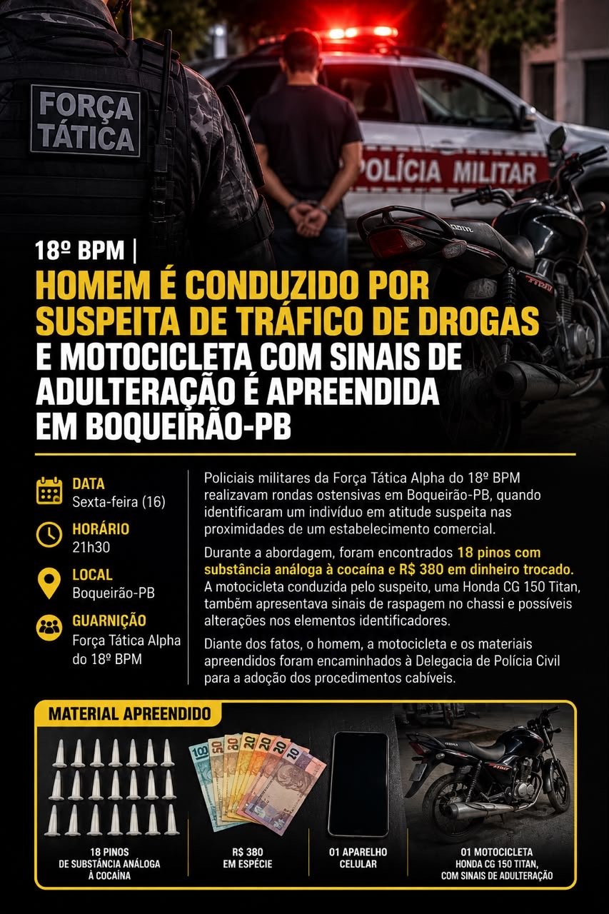 🚨 18º BPM | HOMEM É CONDUZIDO POR SUSPEITA DE TRÁFICO DE DROGAS E MOTOCICLETA COM SINAIS DE ADULTERAÇÃO É APREENDIDA EM BOQUEIRÃO-PB 🚨