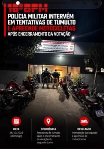 🚨 18º BPM E BPTRAN | POLÍCIA MILITAR INTERVÉM EM TENTATIVAS DE TUMULTO E APREENDE MOTOCICLETAS APÓS ENCERRAMENTO DA VOTAÇÃO 🚨